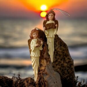 2 Angel Icicle Ornament Christmas Vintage 90s Resin Teardrop Holiday Ivory Gold.